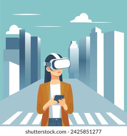 Woman wearing VR headset and holding phone walking in the city.