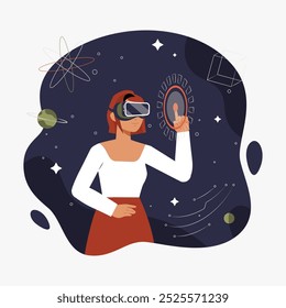 Mujer que lleva el auricular de VR que interactúa con el entorno virtual, Ilustración vectorial plana que simboliza la realidad aumentada, la tecnología, y la innovación, aislada en el fondo blanco.