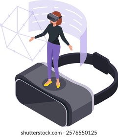 Woman wearing a vr headset interacting with a virtual environment, experiencing augmented reality, exploring metaverse and connecting to a virtual world