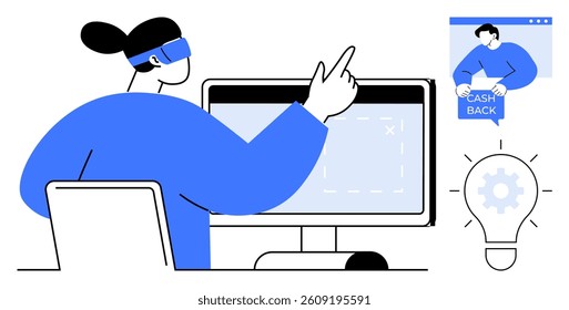 Woman wearing VR headset interacting with a computer screen while a cash back offer displays. Ideal for online shopping, cash back rewards, digital marketing, VR technology, and innovative ideas