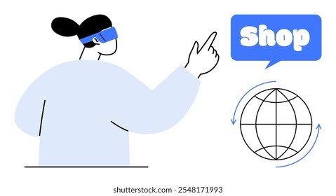 Woman wearing VR headset pointing at Shop icon with globe symbolizing global online shopping. Ideal for technology trends, e-commerce, virtual reality, online shopping, and global market themes