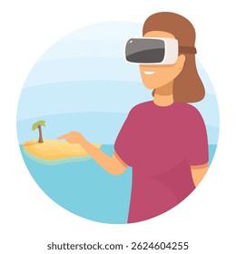 Woman is wearing a vr headset and pointing at a virtual tropical island