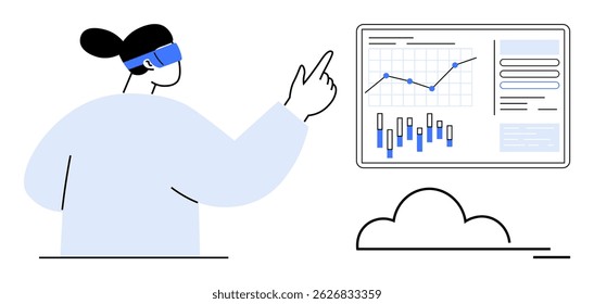 Woman wearing VR headset pointing at digital screen displaying graphs and charts. Ideal for business presentations, data analysis, technology integration, remote work, education, future workplace