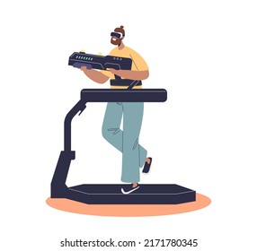 Woman wearing vr headset running on modern simulator treadmill with virtual reality technology. Active female training fitness using 3d visual glasses. Cartoon flat vector illustration