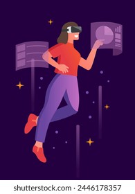 Woman wearing VR headsets floating. VR experience concept, Simulation of the virtual digital world for work. Flat vector illustration