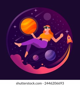 Woman wearing VR headsets floating in outer space. VR experience concept, Female characters in metaverse universe, Simulation of the virtual digital world for entertainment. Flat vector