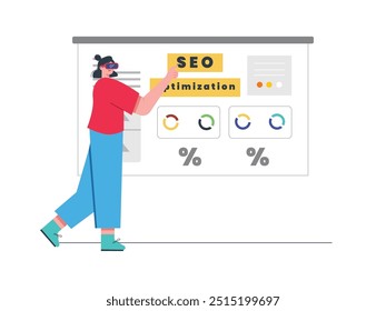 Woman wearing VR looking at Search Engine Optimization cloud data, technology and innovation. Character design. Vector flat illustration