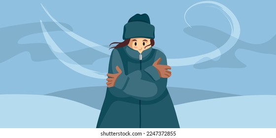 
Woman Wearing Warm Clothes During Winter Blister Vector Cartoon Illustration. Shivering person feeling cold during seasonal snowstorm 
