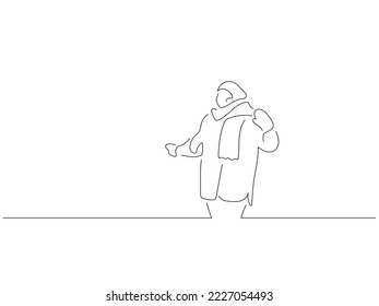 Woman wearing warm clothes in line art drawing style. Composition of a winter scene. Black linear sketch isolated on white background. Vector illustration design.