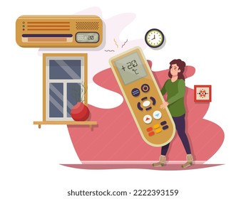 Woman wearing warm clothes reducing room temperature on the heater, air conditioner, climate control. Warm at home. Freezing at home. Economy of energy.  Energy saving concept. vector illustration.