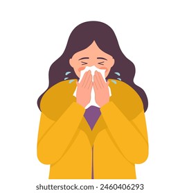 Woman wearing a warm clothes suffering from influenza and runny nose blowing her nose with a handkerchief. Sneezing girl. Flu or cold.