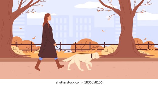Woman wearing warm coat walks labrador retriever dog on leash. Pet walking service. Teenage girl spend time at autumn city park. Flat Vector illustration. Street style fashion person, outerwear.