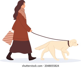 Woman wearing warm coat walks labrador retriever dog on leash. Pet walking service. Teenage girl spend time at autumn park. Flat Vector illustration. Street style fashion person, clothes, outerwear.