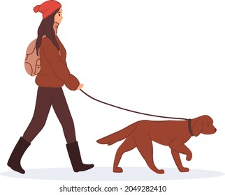 Woman wearing warm jacket walks labrador retriever dog on leash. Pet walking service. Teenage girl spend time at autumn park. Flat Vector illustration. Street style fashion person, clothes, outerwear.