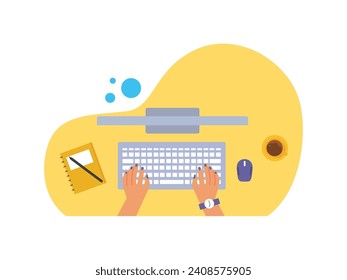 Woman wearing watch typing on keyboard, working with computer, book, pen, hot coffee on desk. Character design. Vector flat illustration