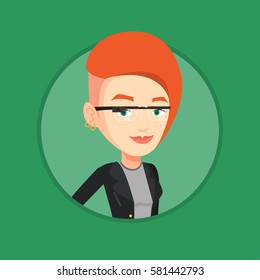 Woman wearing wearable computer with an optical head-mounted display. Woman in wearable computer. Woman using wearable computer. Vector flat design illustration in the circle isolated on background.