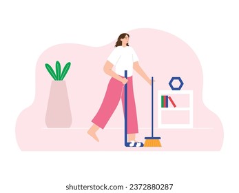 A woman wearing a white casual shirt is sweeping the floor and scooping up dirt with a crank, cleaning the house. Character design. Vector flat illustration