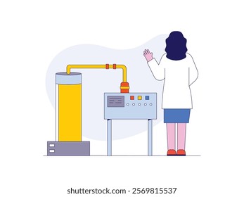 Woman wearing white coat analyzing manufacturing process in industry. Design character. Vector flat illustration