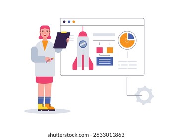 Woman wearing white coat is innovating developing technology, laboratory experiment. Character design. Vector flat illustration