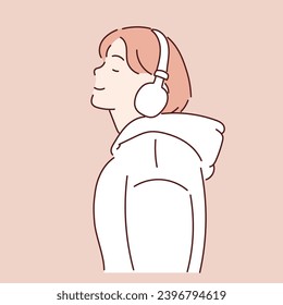 Mujer con capucha blanca y música para escuchar auriculares con ojos cerrados aislados en el fondo, vector de ilustración de estilo dibujado por mano.