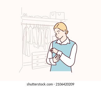 woman wearing white shirt buttoning a button. Hand drawn style vector design illustrations.