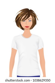 Woman wearing white t shirt front view, vector