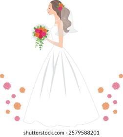 A woman wearing a white wedding dress and holding a bouquet of flowers, looking sideways