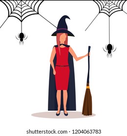 woman wearing witch costume happy halloween concept spider web background female cartoon character full length flat vector illustration