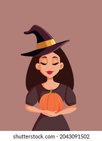 Woman Wearing Witch Costume Holding A Pumpkin Vector Cartoon. Beautiful Girl Wearing A Sorcerer Dress And Hat Going To A Carnival
