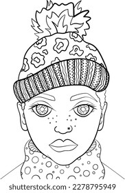Woman wearing wooly hat and scarf, colouring book page design