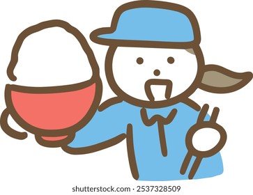 A woman wearing work clothes about to eat rice