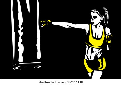 Woman wearing workout gloves punching heavy bag on black background. Illustration about healthy lifestyle.