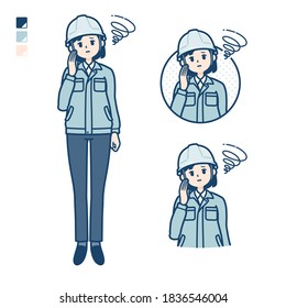 A woman wearing workwear with be troubled images.
It's vector art so it's easy to edit.
