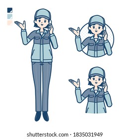 A woman wearing workwear with Call on smartphone images.
It's vector art so it's easy to edit.
