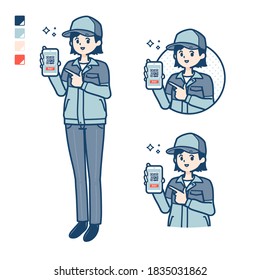 A woman wearing workwear with cashless payment on smartphone images.
It's vector art so it's easy to edit.
