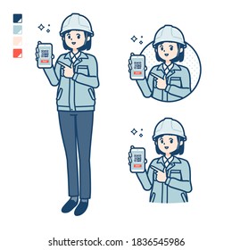 A woman wearing workwear with cashless payment on smartphone images.
It's vector art so it's easy to edit.
