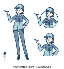 A woman wearing workwear with Explanation Pointing image.
It's vector art so it's easy to edit.
