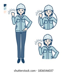 A woman wearing workwear with fist pump images.
It's vector art so it's easy to edit.
