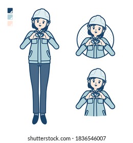 A woman wearing workwear with making a heart symbol by hand images.
It's vector art so it's easy to edit.
