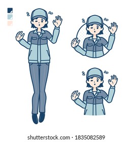 A woman wearing workwear with panic images.
It's vector art so it's easy to edit.
