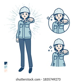 A woman wearing workwear with Pointing to the front images.
It's vector art so it's easy to edit.
