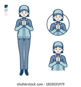 A woman wearing workwear with press hands in prayer images.
It's vector art so it's easy to edit.
