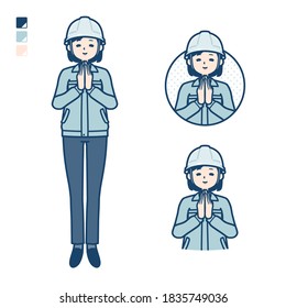 A woman wearing workwear with press hands in prayer images.
It's vector art so it's easy to edit.

