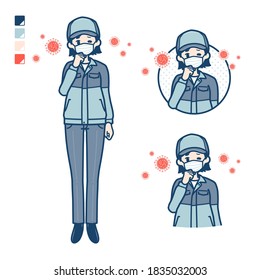 A woman wearing workwear with Put on a mask and cough images.
It's vector art so it's easy to edit.
