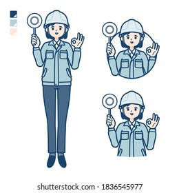 A woman wearing workwear with Put out a circle panel image.
It's vector art so it's easy to edit.
