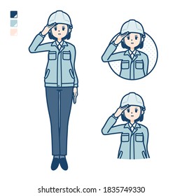 A woman wearing workwear with salute images.
It's vector art so it's easy to edit.
