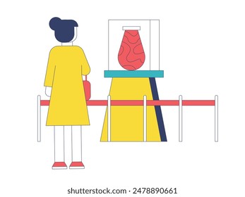 Woman wearing yellow dress looking at an exhibition of handmade pottery. Character design. Vector flat illustration