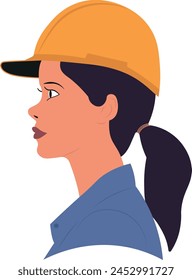 A woman wearing a yellow hard hat. The hat is on her head and is positioned above her eyes .Female engineer concept