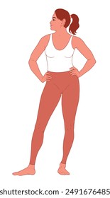 Woman wearing yoga sport wear. Vector illustration of body positive vibes, fun, positive energy, lifestyle and fashion. Body positive concept. Attractive model.