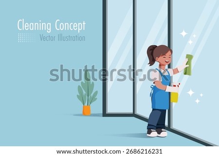 Woman wears apron and gloves using spray and towel cleaning and wiping glass window. Maid or cleaning service concept. Vector.
